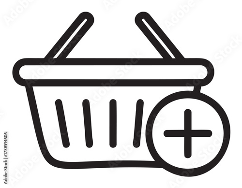 Black outline icon of a shopping basket with a plus sign, representing the concept of adding items to a cart.