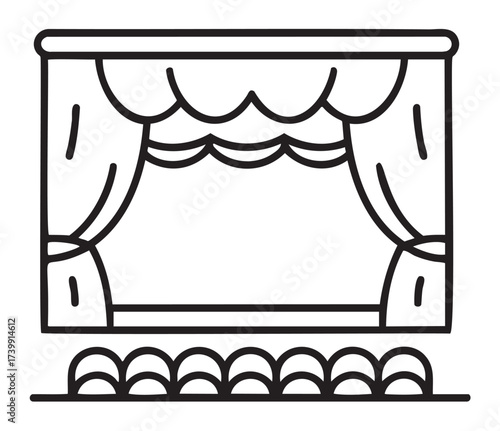 Black outline vector icon depicting a simple theater stage with curtains and a semi-circle row of seats, ideal for performance concepts.