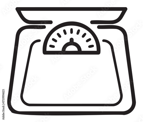 Black outline of a simple, analog kitchen scale with a dial, designed for measuring ingredients in cooking and baking.