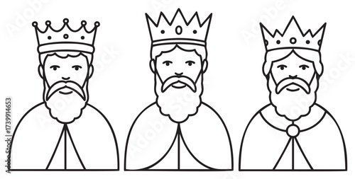 Black outline icons of three kings with beards and crowns, each with unique crown designs, representing regal and majestic themes.