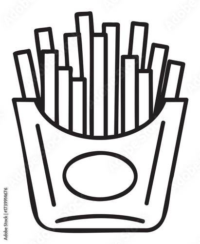 Black outline drawing of a carton filled with long, straight-cut french fries. simple linear design for fast food and snack themes.