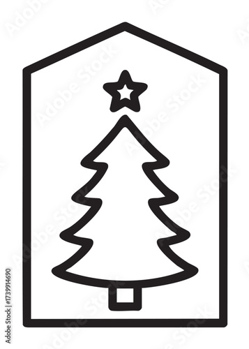 Black outline icon of a simple christmas tree with a star on top enclosed within a geometric house shape.
