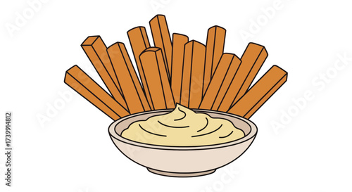 Crispy french fries with a bowl of mayonnaise dipping sauce illustration.