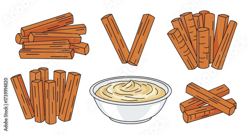 Set of churros illustrations with dipping sauce.