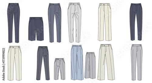 Fashion illustration set of various trouser and pant designs.