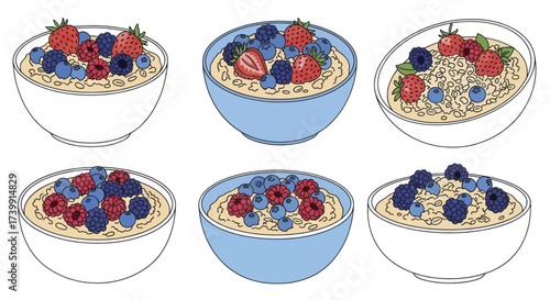 Set of oatmeal bowls with fresh berries for a healthy breakfast.