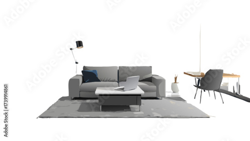 A modern living room setup featuring a gray sofa, laptop, desk, chair, and a floor lamp in a minimalist style