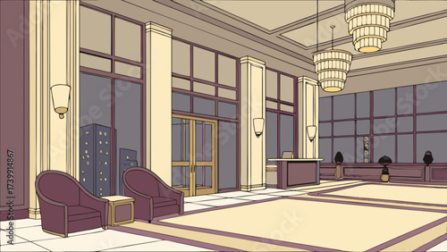 Illustration of a hotel lobby with chairs, lamps, a reception desk and large windows at nighttime