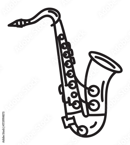 Black outline illustration of a classic saxophone with detailed keys and curved neck, emphasizing musical instrument design.