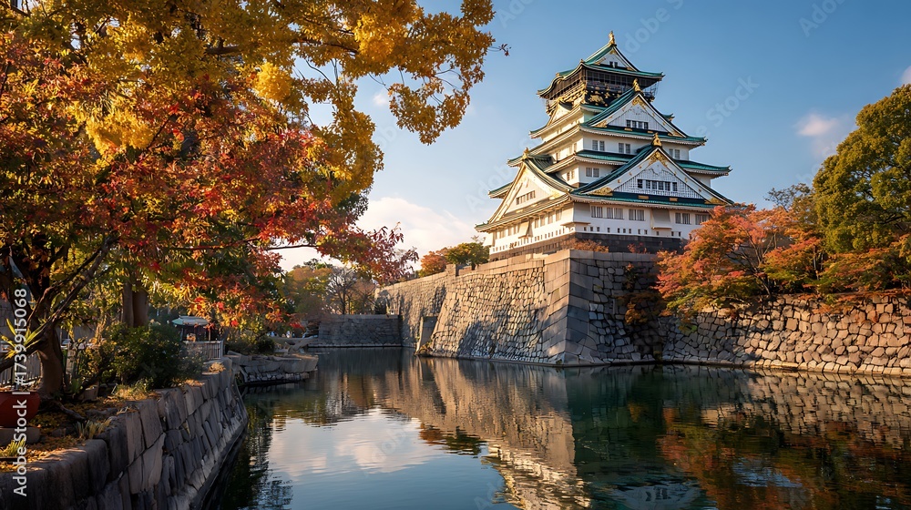 Fototapeta premium Elegant photo of osaka castle in autumn with colorful leaves and water reflection in japan.