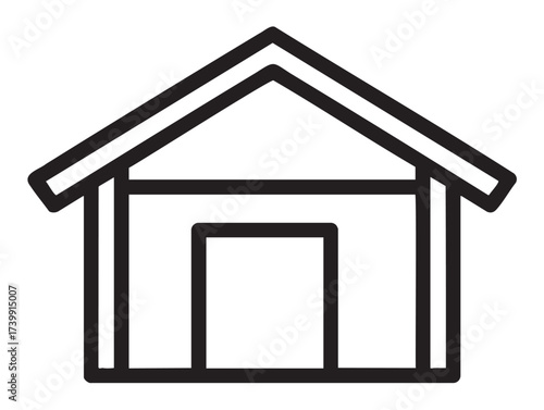 Black outline icon of a simple rectangular house with a triangular roof. minimalist design for architecture, construction, and home concepts.