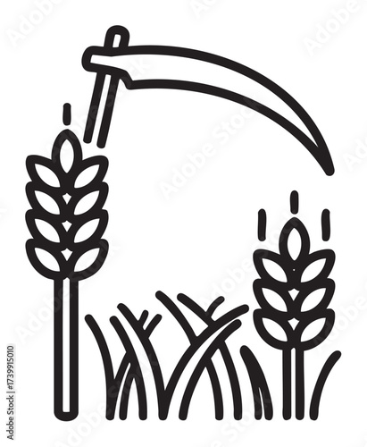 Black outline icon of a scythe and wheat stalks, representing agriculture and harvest themes.