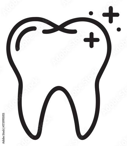 Black outline icon of a shiny, sparkling tooth with decorative stars, symbolizing dental care and hygiene.