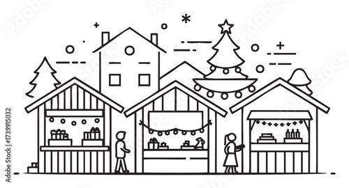 Simple black outline illustration of a festive christmas market with booths, holiday decorations, and people engaging in shopping activities.