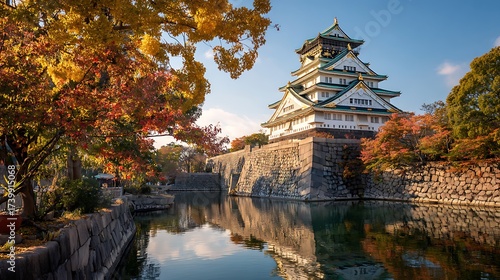 Elegant photo of osaka castle in autumn with colorful leaves and water reflection in japan.
