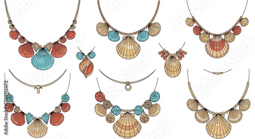 Set of handdrawn necklaces made from colorful seashells and beads.