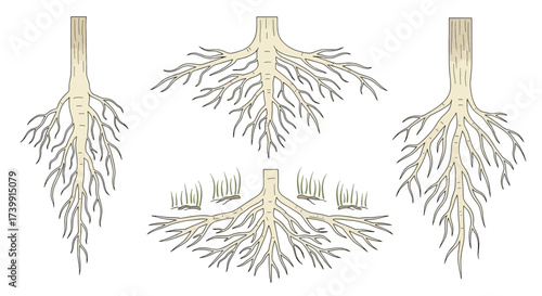 Vector illustration set of various tree root systems.