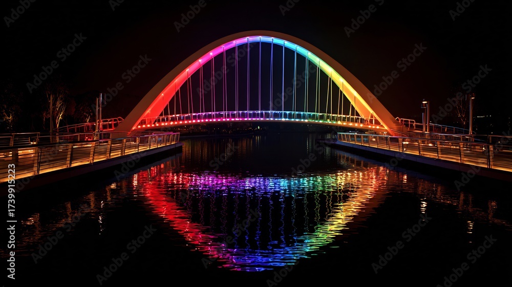 Naklejka premium Vibrant Modern Arch Bridge Illuminated with Rainbow Colors at Night Reflecting in Calm Water