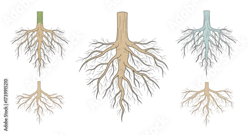 Botanical illustration set of different tree roots.