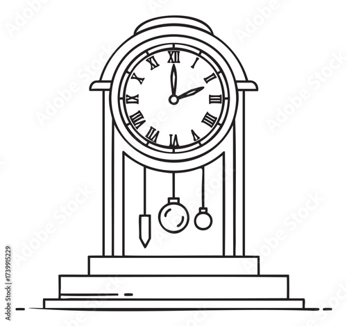 Black outline drawing of a classic grandfather clock with roman numerals and visible pendulum on a pedestal base.
