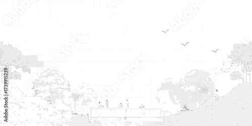 Architectural drawing of a modern house integrated into a lush natural landscape with people enjoying the outdoors