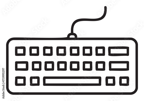 Black outline vector icon of a wired computer keyboard with multiple keys and a connecting cable.