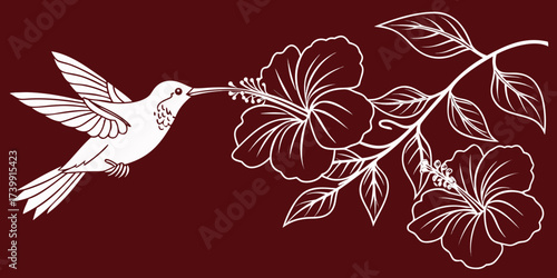 Minimalist one-line drawing of hummingbird sipping nectar from hibiscus blooms, outline vector design on red background.
