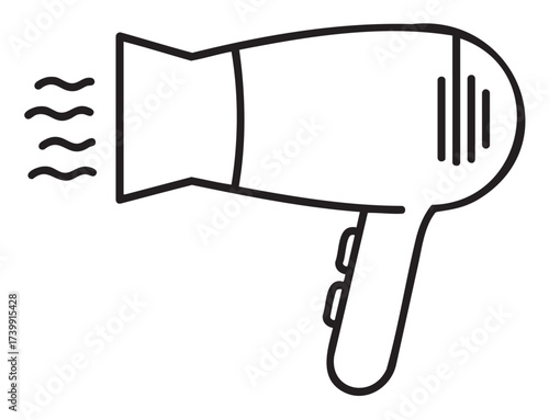 Black outline icon of a simple hairdryer with wavy lines indicating airflow, designed in a minimal and modern style.