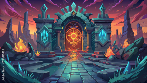Close-up of Tartarus gates, glowing aura, surreal textures, fantasy details, dreamlike infernal environment, mythical prison, imaginative artwork, epic close-up design, enchanted legendary underworld.