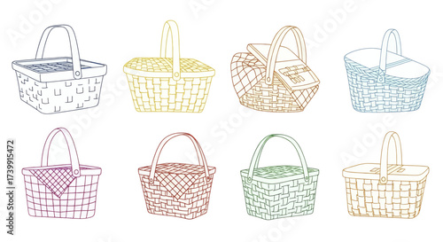 A collection of eight colorful outline illustrations of picnic baskets.