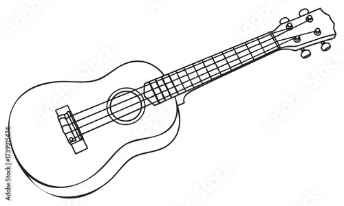 Black outline of a simple four-string ukulele with detailed depiction of the body and fretboard.
