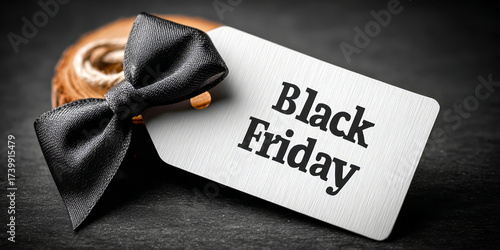 A promotional tag with the text 'Black Friday' and a black bow, placed on a dark surface. Ideal for marketing and sale events.