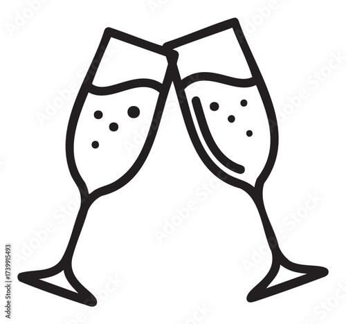 Black outline icon of two clinking champagne glasses with bubbles inside, symbolizing celebration or a special toast.