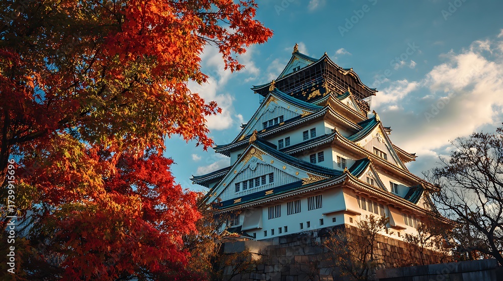Fototapeta premium Nice photo of osaka castle in autumn with colorful leaves and cloudy sky in japan.