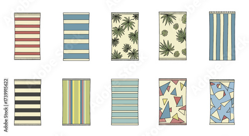 Set of colorful beach towels with various designs.