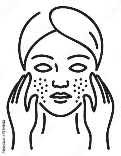 Black outline of a female with a towel on her head performing a facial massage with both hands.