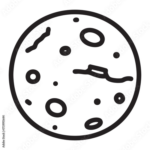 Black outline icon of a simple circle representing the moon with craters. minimal linear illustration for space and astronomy concepts.