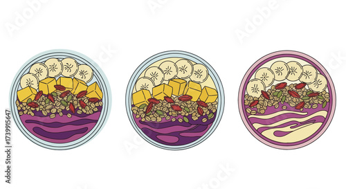 Set of three illustrated healthy smoothie bowls with fresh fruit toppings.