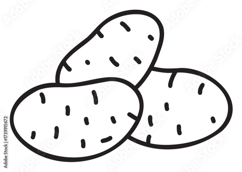 Black outline vector icon of three simple potatoes with minimal linear details for food and cooking concepts.
