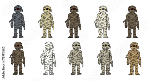 Collection of colorful cartoon mummy characters for Halloween.