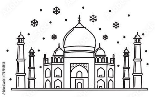 Black outline drawing of the taj mahal with decorative snowflakes surrounding the domed structure and four minarets.