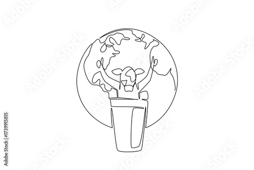 Single one line drawing a cow stands behind glass of milk with thumbs up gesture and a globe background. Ease of access to drink milk of cow. World Milk Day Continuous line design graphic illustration