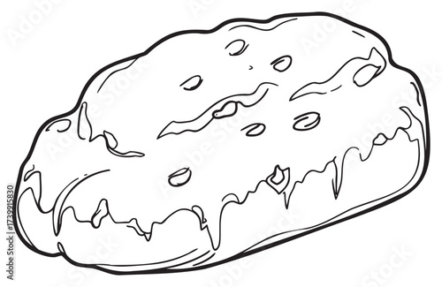 Black outline drawing of a rustic loaf of bread with a crusty exterior and several surface indentations.