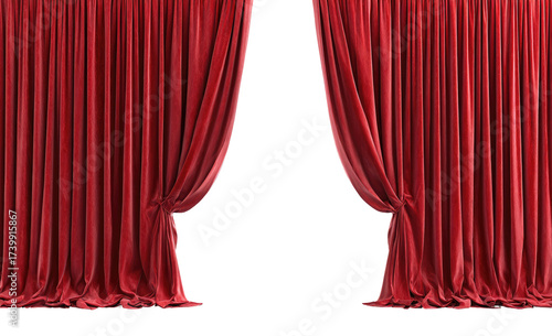 Deep crimson velvet curtains parted, revealing a dark void