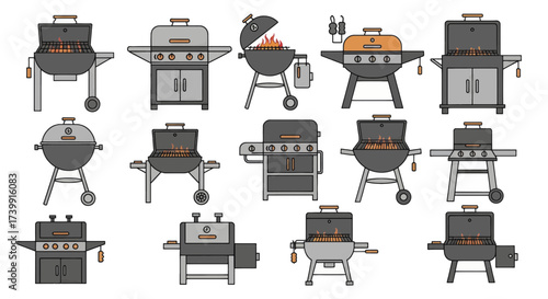 Set of various barbecue grills for outdoor cooking and picnics.
