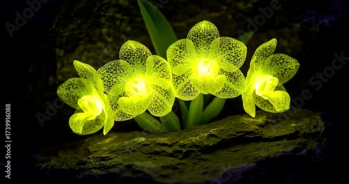 Vibrant glowing orchids on a rocky surface, illuminated in a dark setting