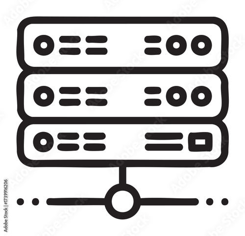 Black outline icon of a three-tier network server stack with interconnected nodes, representing data storage and digital communication.