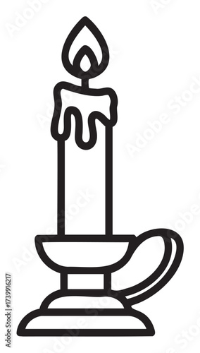 Black outline vector icon of a traditional candle with wax drips in a classic candle holder. minimal linear design for home decor and cozy ambiance concepts.