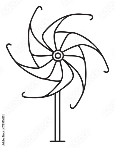 Black outline drawing of a pinwheel with curved blades on a stand, illustrating movement and simplicity.