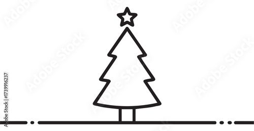 Simple black outline drawing of a christmas tree with a star on top, depicting a minimal and festive holiday concept.